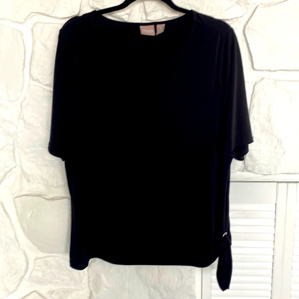 Chico’s Black short sleeve stretchy top with tie on side Chico size 3 or XL - Picture 1 of 13